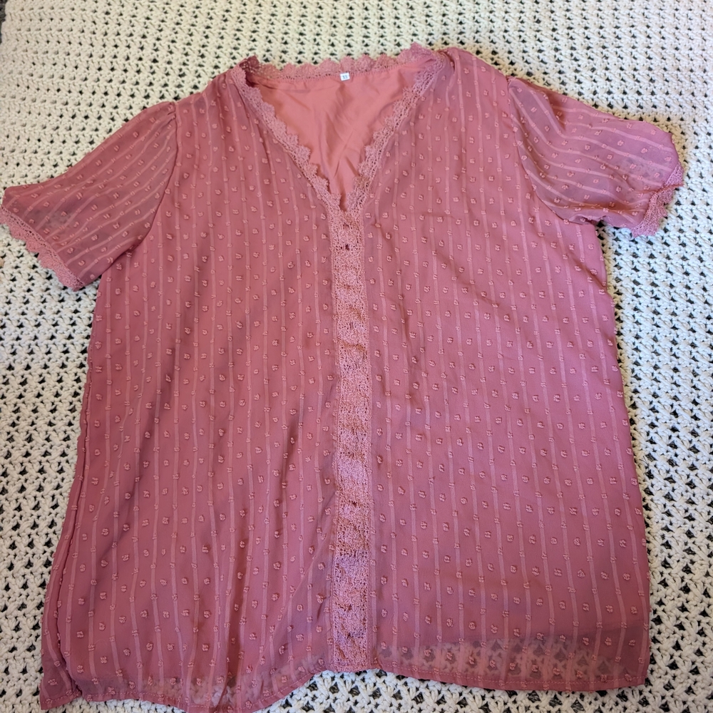 Elegant Pink Lace Trim Blouse